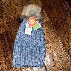 DAVID & Young Blue Cable Knit Beanie Pom Pom Hat